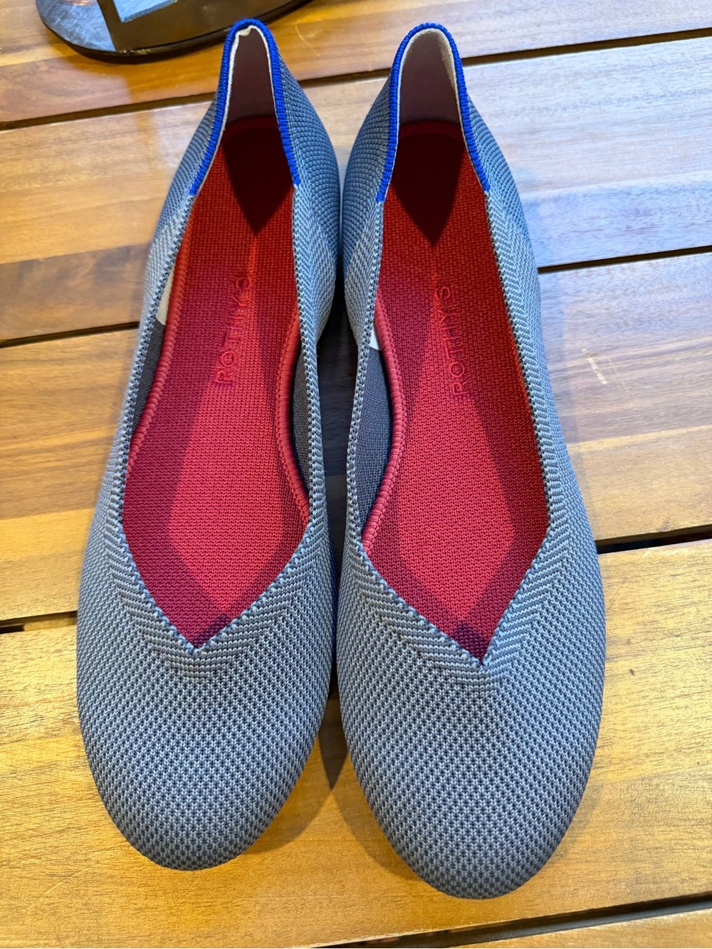 NWOT Rothy's Grey Knit Ballet Flat with Red Insole and Blue Trim